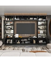 The Tv stand with nine cabinets for up to 75-inch TVs, an entertainment center with two light strips, and a black wooden media console