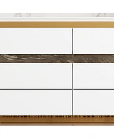 Tv stand with 6 drawers, media console with gold frame, white wooden entertainment center