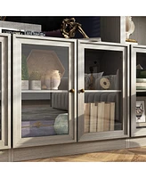 Tv stand with 8 doors, media console with tempered glass and metal handles, grey wood entertainment center