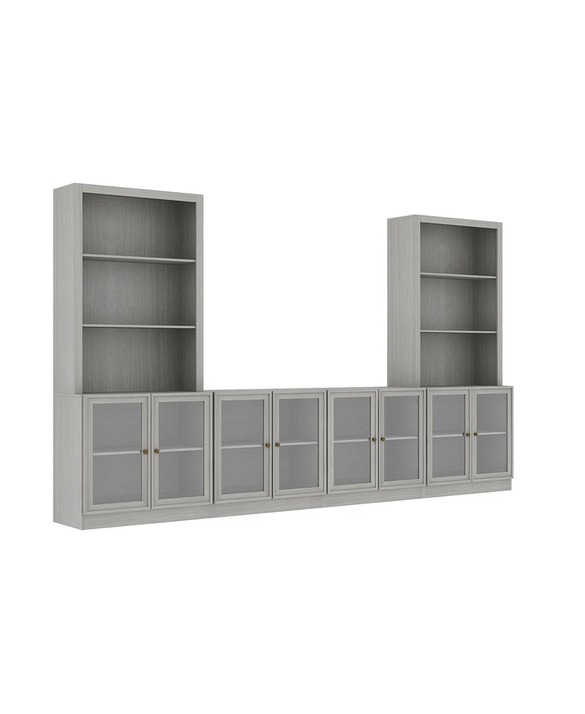 Tv stand with 8 doors, media console with tempered glass and metal handles, grey wood entertainment center