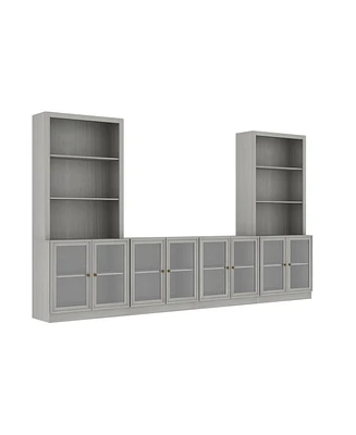 Tv stand with 8 doors, media console with tempered glass and metal handles, grey wood entertainment center