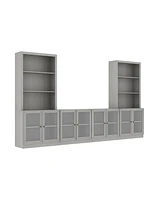 Tv stand with 8 doors, media console with tempered glass and metal handles, grey wood entertainment center