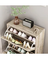 The 2-door wooden shoe cabinet and fashionable shutter door design, sturdy and durable, efficient and stored