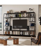 Black wooden Tv stand, entertainment center with steel stand, multi-purpose media console