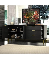 Tv stand with three drawers and two cabinet doors, media console metal feet, wooden entertainment center