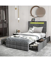 Upholstered Led Bed Frame with Headboard and 4 Drawers-Twin Size