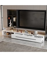 Tv stand with 3 drawers, retractable media console, entertainment center in white wood