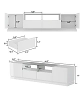 White Tv stand with two drawers and two doors, entertainment center with light strip, media console with drain box