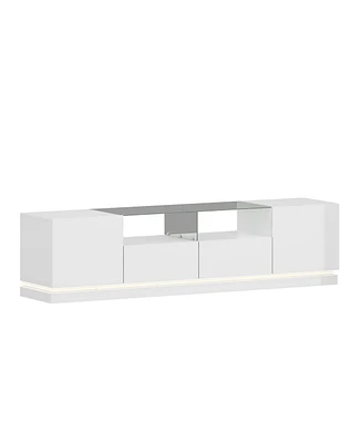 White Tv stand with two drawers and two doors, entertainment center with light strip, media console with drain box