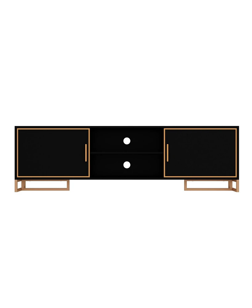 Black Tv stand with two doors, media console with metal handles and feet, multi-purpose wooden entertainment center