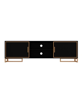 Black Tv stand with two doors, media console with metal handles and feet, multi-purpose wooden entertainment center