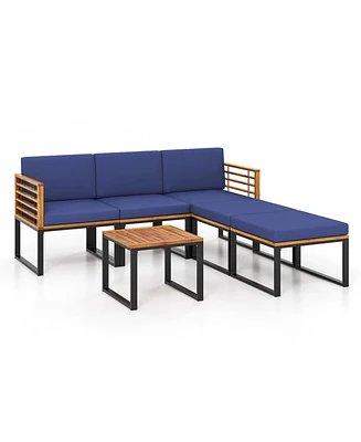 Gymax 6 Piece Acacia Wood Outdoor Furniture Set Patio Conversation Sofa Set w/ Cushions