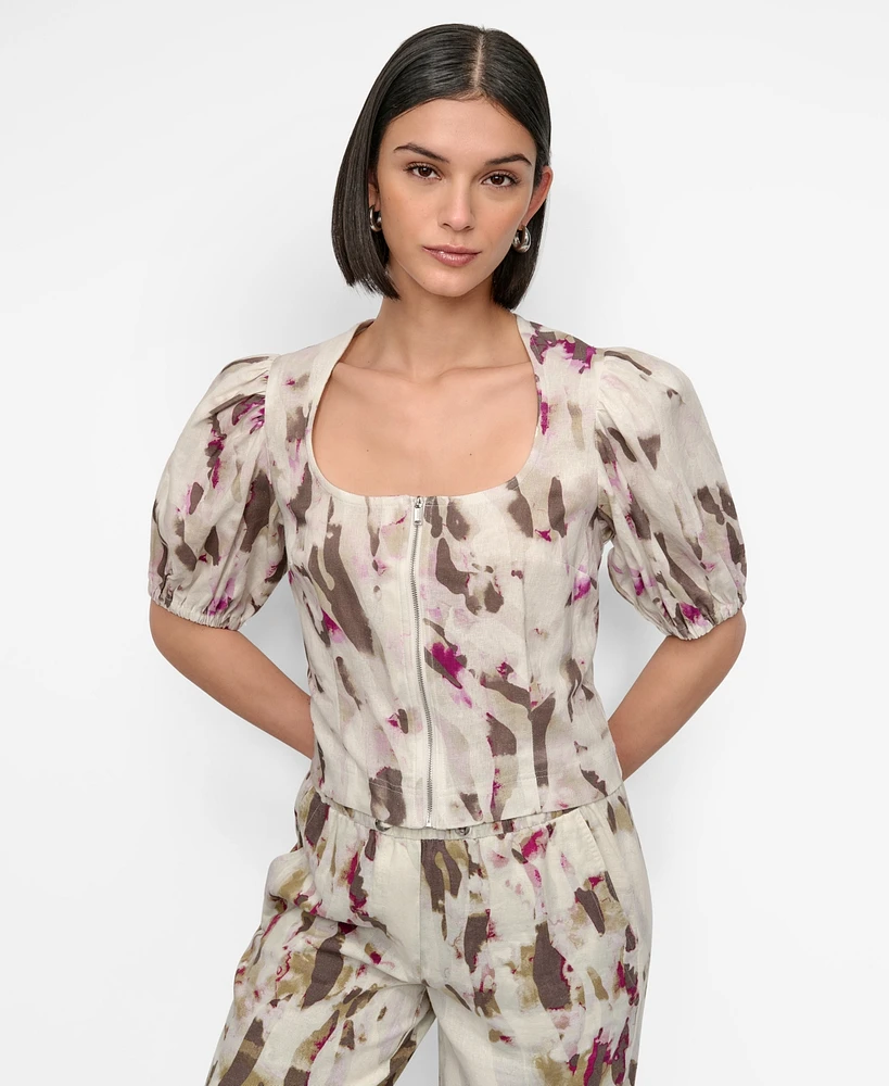 Dkny Women's Printed Woven Zip Puff-Sleeve Top