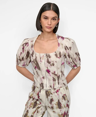 Dkny Women's Printed Woven Zip Puff-Sleeve Top