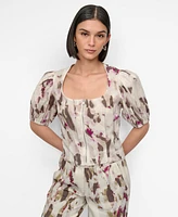 Dkny Women's Printed Woven Zip Puff-Sleeve Top