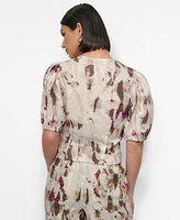 Dkny Women's Printed Woven Zip Puff-Sleeve Top