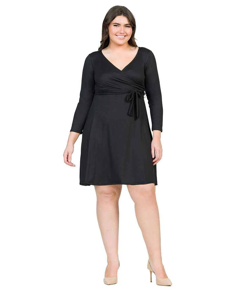 24seven Comfort Apparel Plus Chic V-Neck Long Sleeve Belted Dress