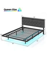 Queen Size Floating Bed Frame with Led and Headboard and Charging Station-Queen Size