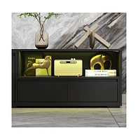 Tv stand with 2 drawers, 2 cabinet doors, retractable media console, black wood entertainment center
