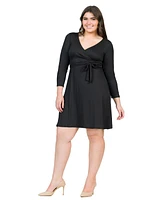 24seven Comfort Apparel Plus Chic V-Neck Long Sleeve Belted Dress