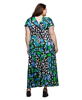 24seven Comfort Apparel Plus V-Neck Empire Waist Cap Sleeve Maxi Dress