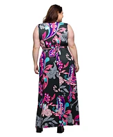 24seven Comfort Apparel Plus Print V-Neck Empire Waist Sleeveless Maxi Dress
