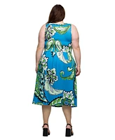 24seven Comfort Apparel Plus Midi Length Print Sleeveless Pleated Pocket Dress