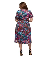 24seven Comfort Apparel Plus Print Short Sleeve Tie Waist Midi Dress