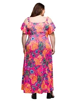 24seven Comfort Apparel Plus Cold Shoulder Ruffle Sleeve A-Line Maxi Dress