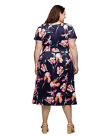 24seven Comfort Apparel Plus Short Sleeve Pleated Flare Midi Pocket Dress