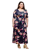 24seven Comfort Apparel Plus Print Elbow Sleeve Casual A-Line Maxi Dress
