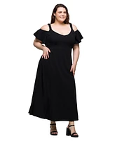 24seven Comfort Apparel Plus Cold Shoulder Ruffle Sleeve A-Line Maxi Dress