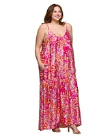 24seven Comfort Apparel Plus Print Lightweight Spaghetti Strap Pocket Maxi Dress