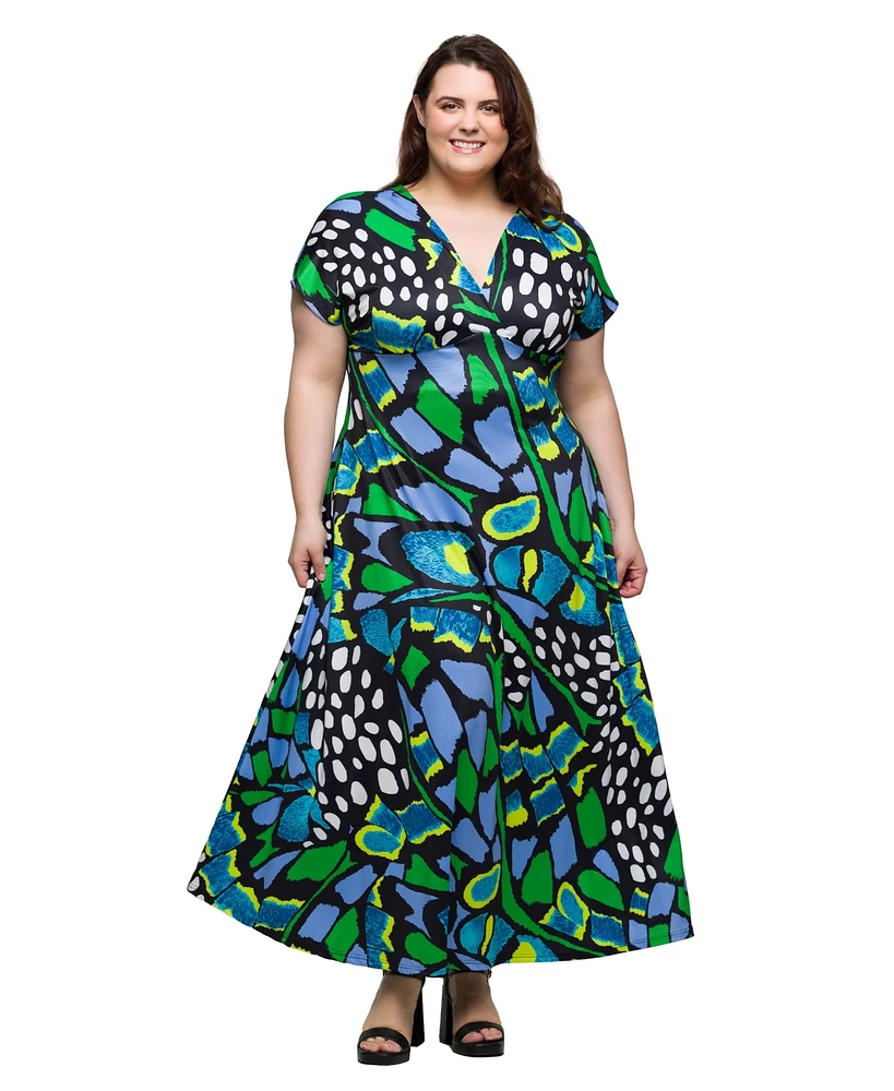 24seven Comfort Apparel Plus V-Neck Empire Waist Cap Sleeve Maxi Dress