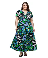 24seven Comfort Apparel Plus V-Neck Empire Waist Cap Sleeve Maxi Dress