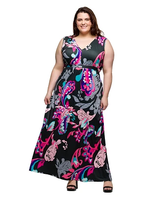 24seven Comfort Apparel Plus Print V-Neck Empire Waist Sleeveless Maxi Dress