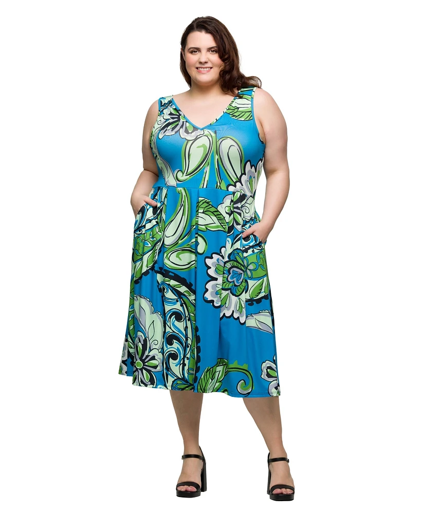 24seven Comfort Apparel Plus Midi Length Print Sleeveless Pleated Pocket Dress