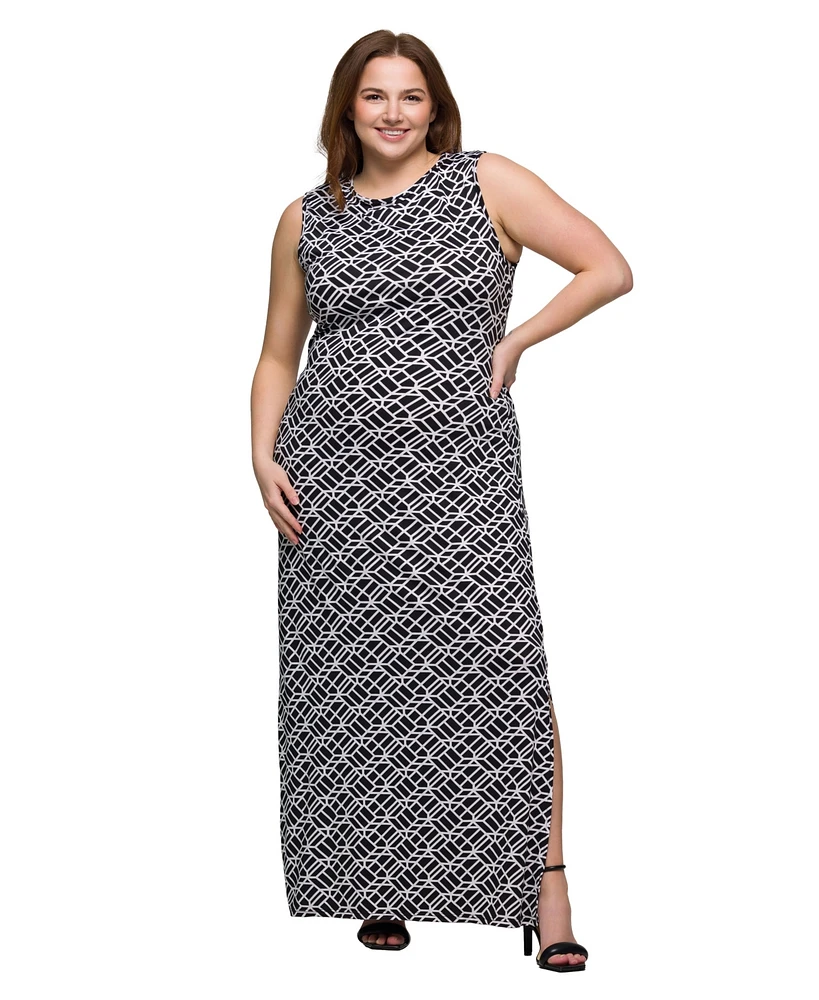 24seven Comfort Apparel Plus Print Sleeveless Side Slit Maxi Dress