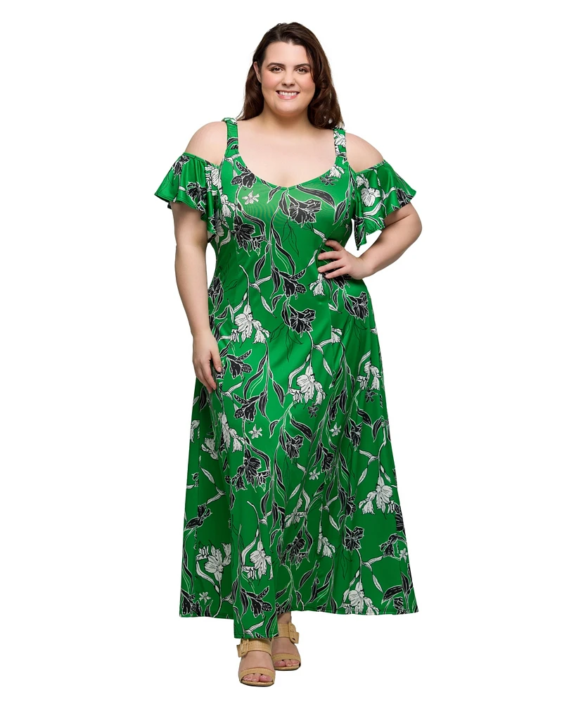 24seven Comfort Apparel Plus Cold Shoulder Ruffle Sleeve A-Line Maxi Dress