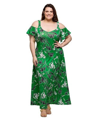 24seven Comfort Apparel Plus Cold Shoulder Ruffle Sleeve A-Line Maxi Dress