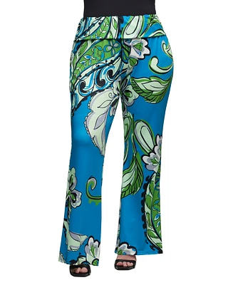 24seven Comfort Apparel Plus Print Bell Bottom Fold Over Waist Pants
