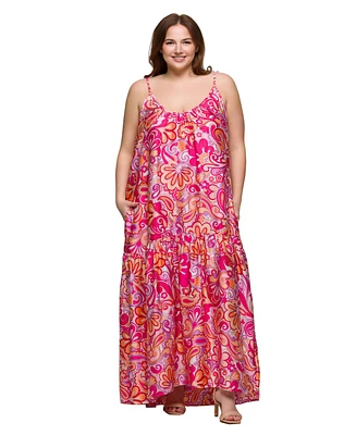 24seven Comfort Apparel Plus Print Lightweight Spaghetti Strap Pocket Maxi Dress