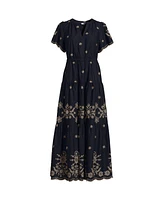 Lands' End Women's Tiered Cotton Poplin Embroidered Maxi Dress