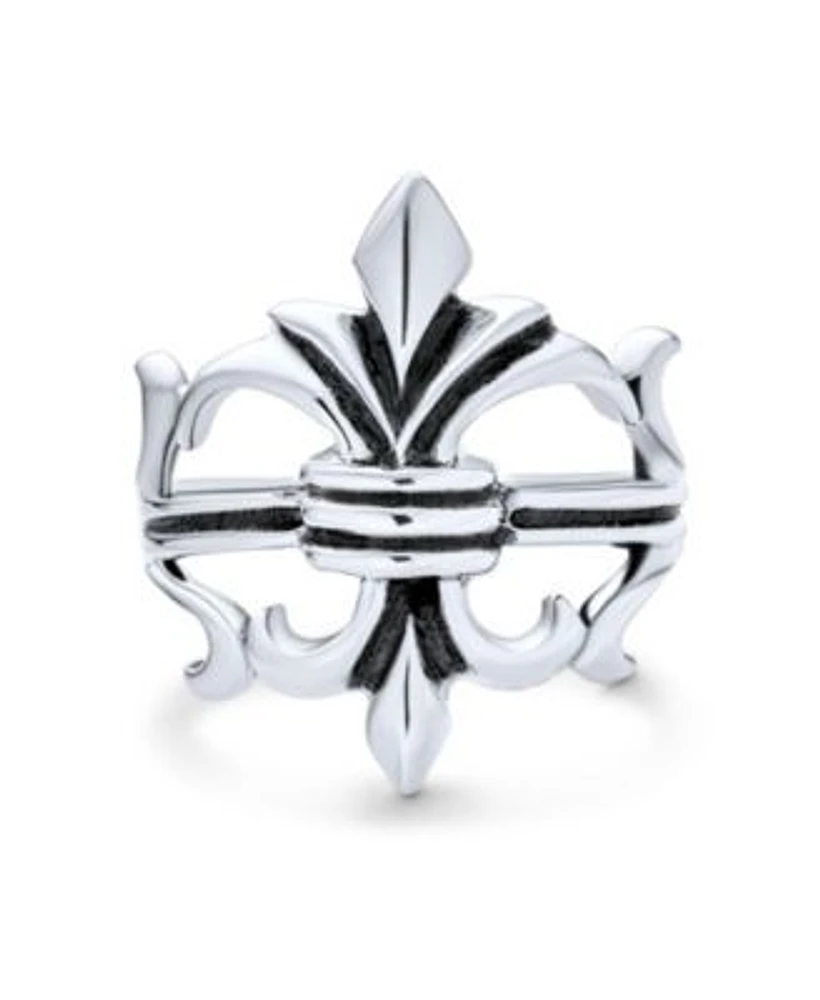 Bling Jewelry Unisex Oxidized .925 Sterling Silver Antique Style Religious Fleur De Lis Signet Ring Masonic Symbol