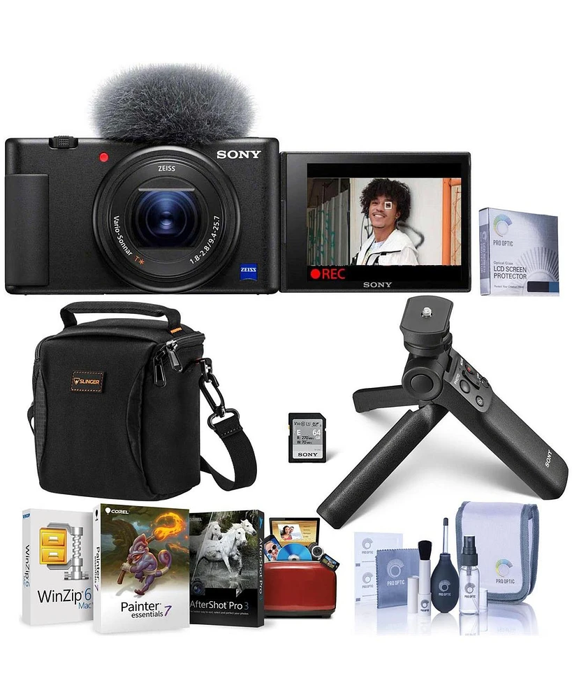 Sony Zv-1 Compact 4K Hd Digital Camera, Black Bundle with ACCVC1 Vlogger Accessory Kit, Mac Software Pack, Shoulder Bag, Screen Protector, Cleaning Ki