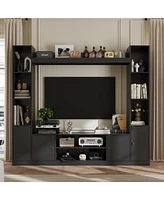 Black four-door Tv stand, media console with movable shelves, multi-purpose entertainment center