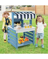 Double-Sided Wooden Play Kitchen with Stoves and Grocery Stand, Pretend Play Set