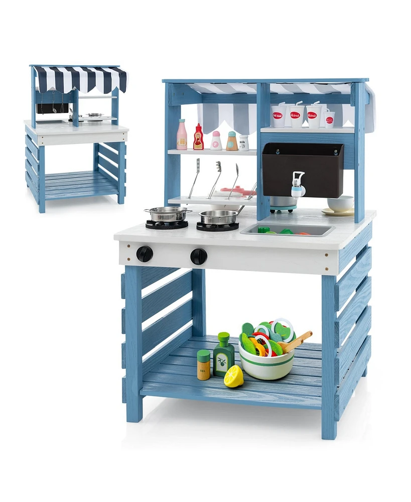 Double-Sided Wooden Play Kitchen with Stoves and Grocery Stand, Pretend Play Set