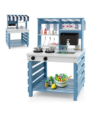 Double-Sided Wooden Play Kitchen with Stoves and Grocery Stand, Pretend Play Set