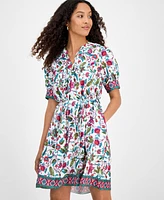 julia jordan Women's Printed Tie-Neck Short-Puff-Sleeve Dresss